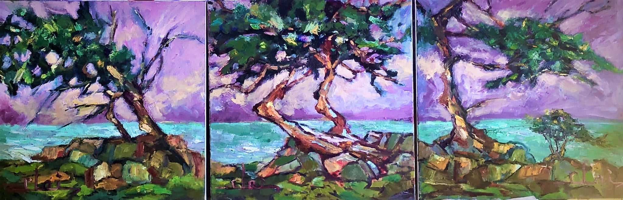 Cypress Trees - Three Panels -  Oil 60" x 20"